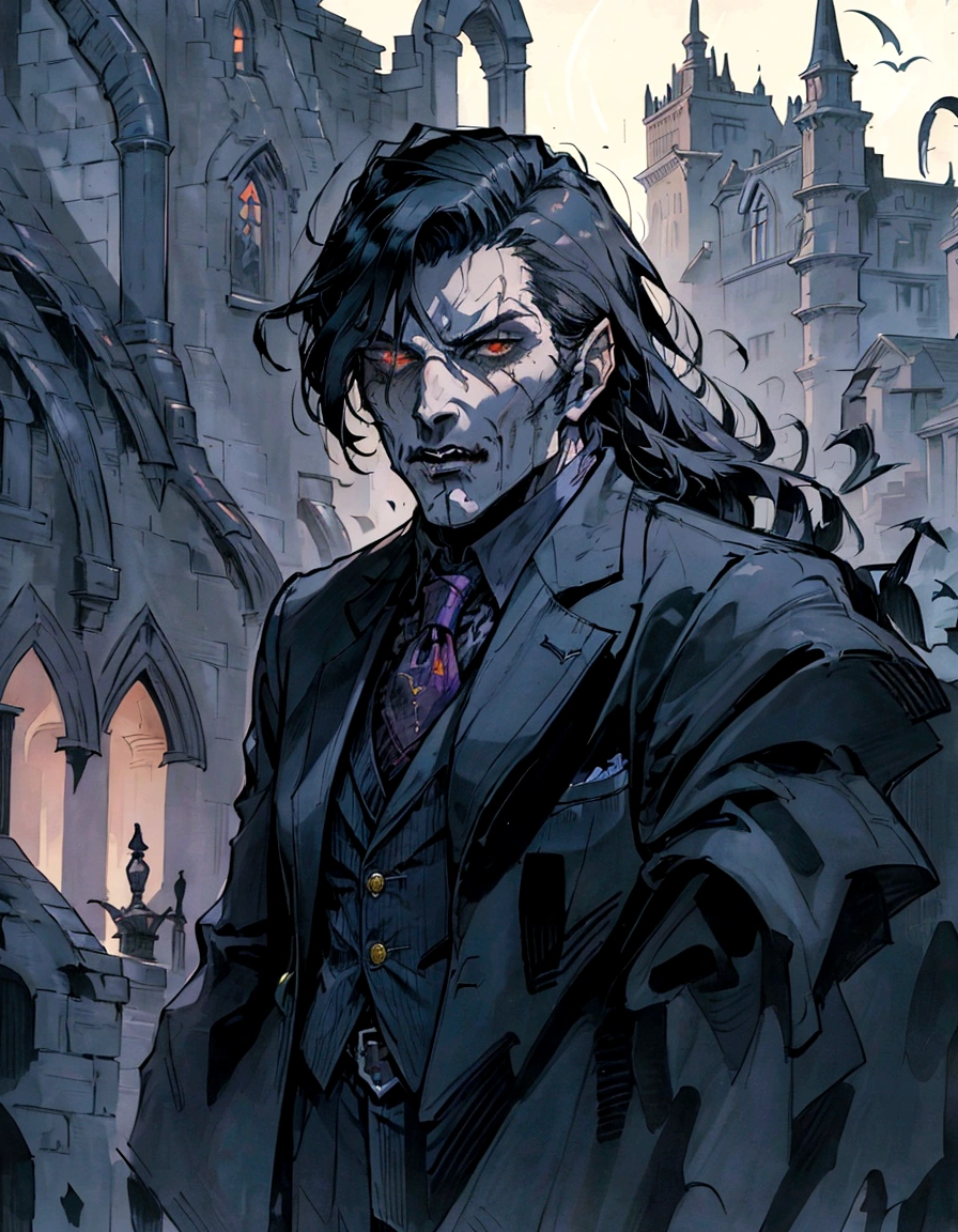 a close up of a man in a suit and tie standing in front of a building, style of raymond swanland, portrait of professor sinister, handsome male vampire, portrait of fin wildcloak, epic and classy portrait, male vampire, handsome guy in demon slayer art, a portrait of the character, corvo attano, portrait of adam jensen