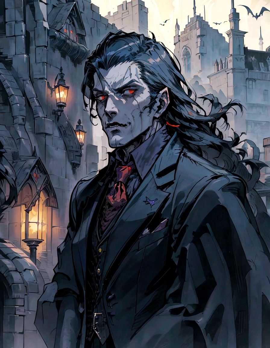 a close up of a man in a suit and tie standing in front of a building, style of raymond swanland, portrait of professor sinister, handsome male vampire, portrait of fin wildcloak, epic and classy portrait, male vampire, handsome guy in demon slayer art, a portrait of the character, corvo attano, portrait of adam jensen