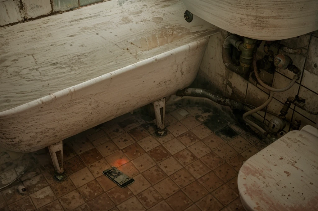 bathroom in Soviet flat, telephone fell on the floor, rusty pipes, toilet and sink old and dirty, desolation, dreary hopeless atmosphere, visible brush strokes, Digital painting in the style of Stefan Koidl, domestic horror, eerie frightening atmosphere, in the style of Rozalski, Bekinski, Jablonski, Stefan Koidl, Andrei Kuzinski,