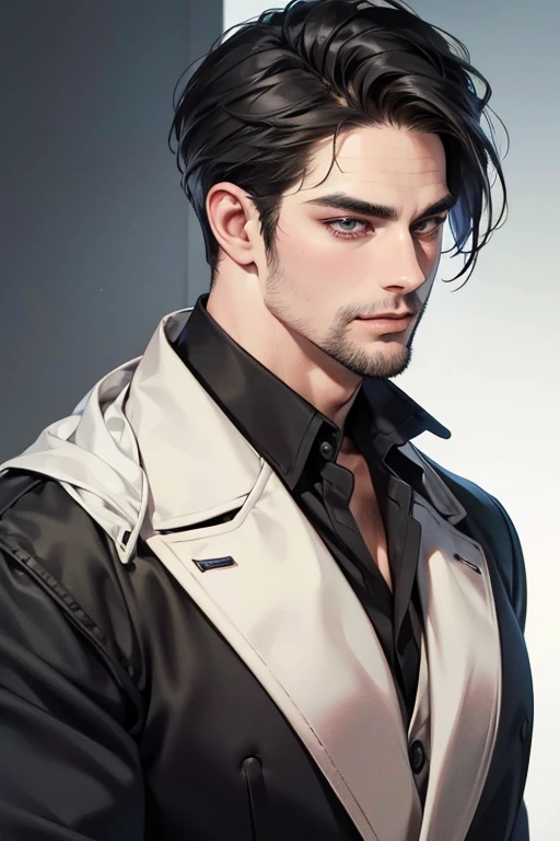(best quality,4k,8k,highres,masterpiece:1.2),ultra-detailed,(realistic,photorealistic,photo-realistic:1.37),30 year old man,3 day beard,handsome anime,portraits,strong,masculine,dark hair,sharp jawline,mesmerizing eyes,perfectly styled hair,cool anime outfit,confident expression,vibrant colors,dynamic lighting, CEO and expression smile in love.
