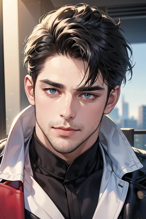 (best quality,4k,8k,highres,masterpiece:1.2),ultra-detailed,(realistic,photorealistic,photo-realistic:1.37),30 year old man,3 day beard,handsome anime,portraits,strong,masculine,dark hair,sharp jawline,mesmerizing eyes,perfectly styled hair,cool anime outfit,confident expression,vibrant colors,dynamic lighting, CEO and expression smile in love.