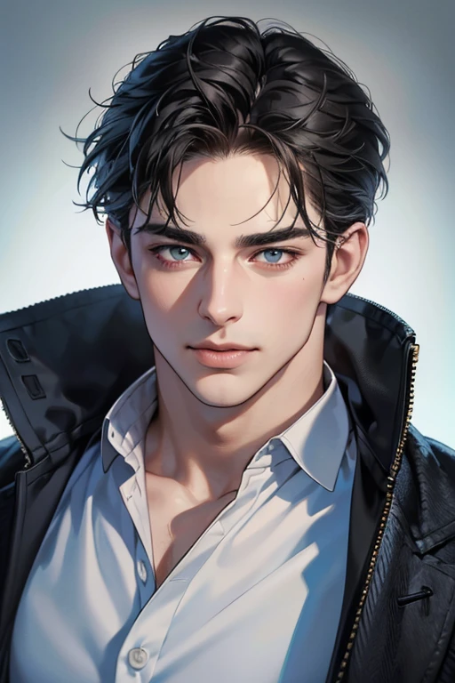 (best quality,4k,8k,highres,masterpiece:1.2),ultra-detailed,(realistic,photorealistic,photo-realistic:1.37),30 year old man,3 day beard,handsome anime,portraits,strong,masculine,dark hair,sharp jawline,mesmerizing eyes,perfectly styled hair,cool anime outfit,confident expression,vibrant colors,dynamic lighting, CEO and expression smile in love.