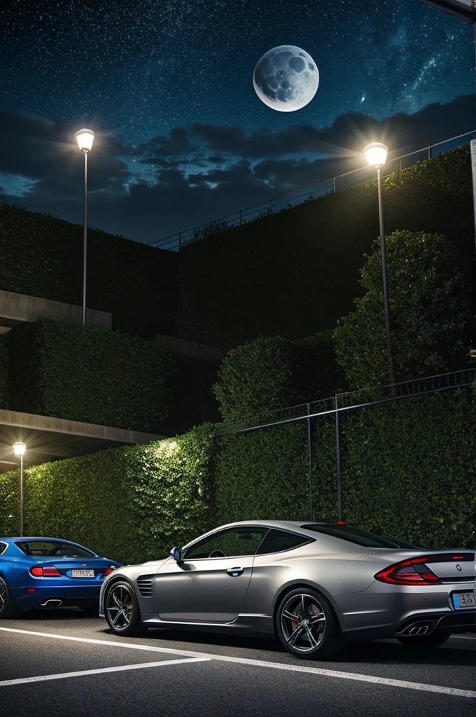 Row of cars in a car park, wired fence, best quality, realistic, takes place at night, stars and moon, masterpiece, lots of cars