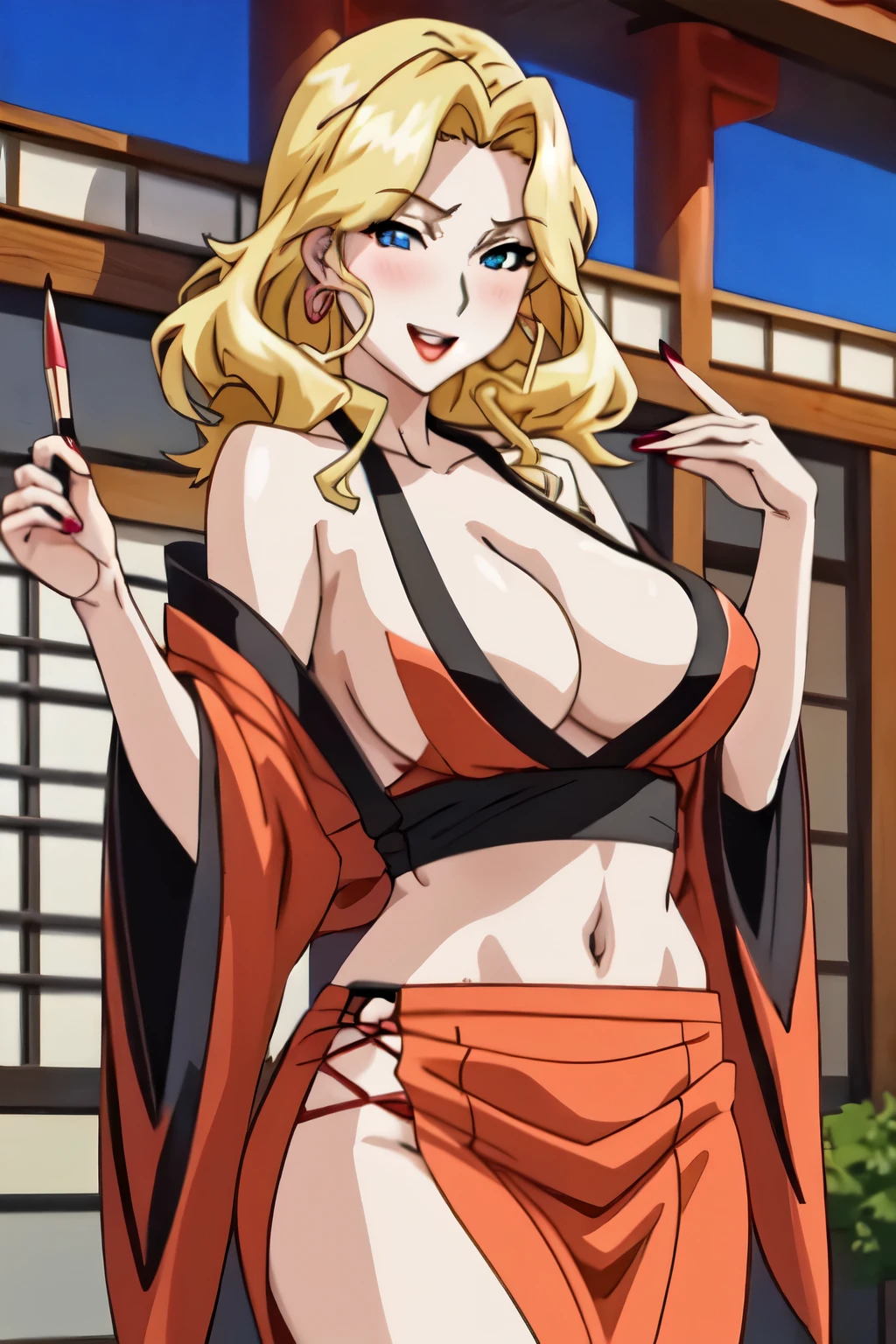 Dress_AliceNonoyama_ownwaifu,
1girl, blonde hair, long hair, blue eyes, lips, mature female, eyelashes, earrings, jewelry, red lips, nail polish, lipstick, makeup, large breasts, breasts,
blush, lipstick, masterpiece, best quality, highly detailed, a anime girls in kimono dress with a sword posing for a
picture, bare shoulder,open kimono, evil smile, open mouth, crop top , (nsfw) not safe for work, smile,
ecchi anime style, anime girls, ecchi style, ecchi, digital anime art!!, in anime style, official artwork, visual
novel cg, beautiful anime girl, anime style 4 k, kimono pencil skirt, exposed belly, exposed navel,
exposed midriff, exposed lower belly, outdoor, japanese architecture, temple