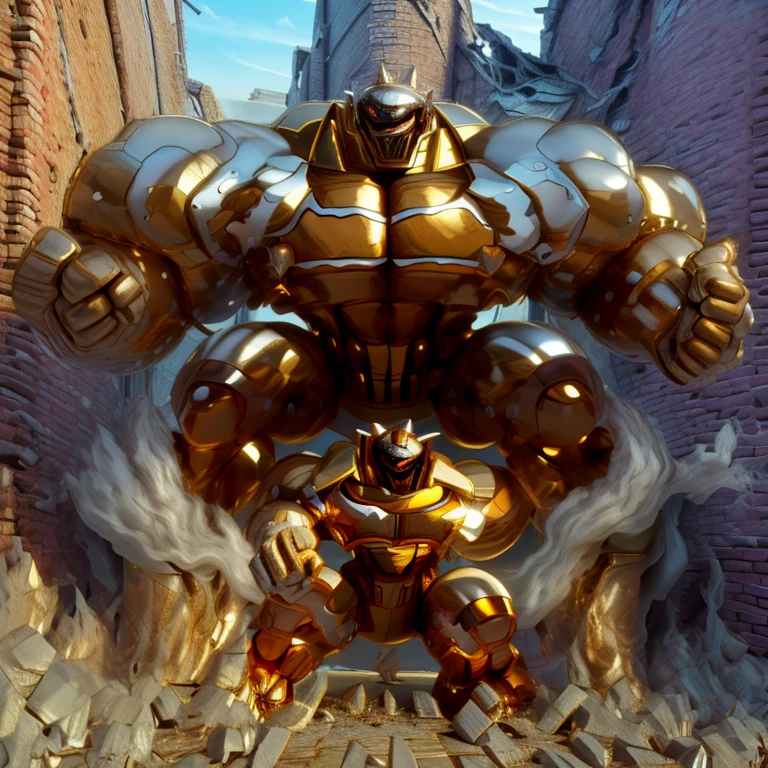 SOLO (masterpiece. official art. 8k. best quality. detailed full body. full body.)

(situation 1 : dominating Armored Flazzard. Armored Flazzard is over 1000 meters long. focus GIANT mechanical Muscular Armored Flazzard is trampling the city. Looking down. macro. stomp. Low-angle perspective. emphasizing the immense size.)

(situation 2 :smoke and flames rising from the destruction in the city)

(Additional details 1: real texture material. whole body shines like metal. emphasizes the muscles. suit fully made of metal.).

(Additional details 2: Detailed head. Detailed Body. Detailed abs. gigantic muscles. HYPER MUSCLES. Gigachad Muscular. big muscle. pecs. triceps. traps. unusually developed muscular body. body full of huge muscles. showing off muscles. pectorales enormes. Exaggeratedly huge muscles. huge muscles. long legs.).
his back he wears a golden cloak.