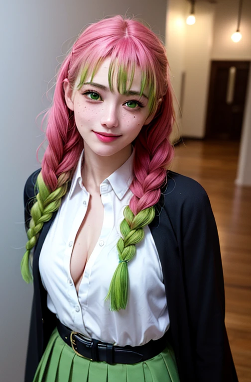 Detailed face, Fine grain, Detailed skin, Very detailed, Intricate details, Mitsuri Kanroji, Braiding, zh_Mushi_Normal girl, emmy rossum, zh_Mushi_Cosplay Girl,  Pale skin, tattoo, freckles, lips, Gradient Hair, (Green Eyes:1.5), Green Hair, Long Hair, Mole,  Mole under eye, Multicolored Hair, Pink Hair, twin Braidings, Two-tone hair,  View your viewers, alone, Narrow waist, slim, Hourglass Shape, Medium chest, belt, black skirt, Cleavage, coat, demon slayer uniform, Haori, kimono, Long sleeve, miniskirt,  Partially unbuttoned, pleated skirt, skirt, uniform, Knee socks  (masterpiece, Highest quality, High resolution:1.4), (Seductive pose:1.2), (Dynamic Angle), Detailed fantasy backgrounds, fc detailed portrait, Detailed face, Fine grain, Detailed skin, Very detailed, Intricate details, Casual Photography, High resolution, Natural light, (Anti-aliasing:1.2), elegant, Soft Scattered Light, Realistic proportions, Limited edition palette, Backlight, Accent lighting, (Neutral Color:1.3), Cross-process, Cinema Lighting, coherent light, consistent shadow, Cowboy Shot,Pink Hair,Flashy hair color,smile