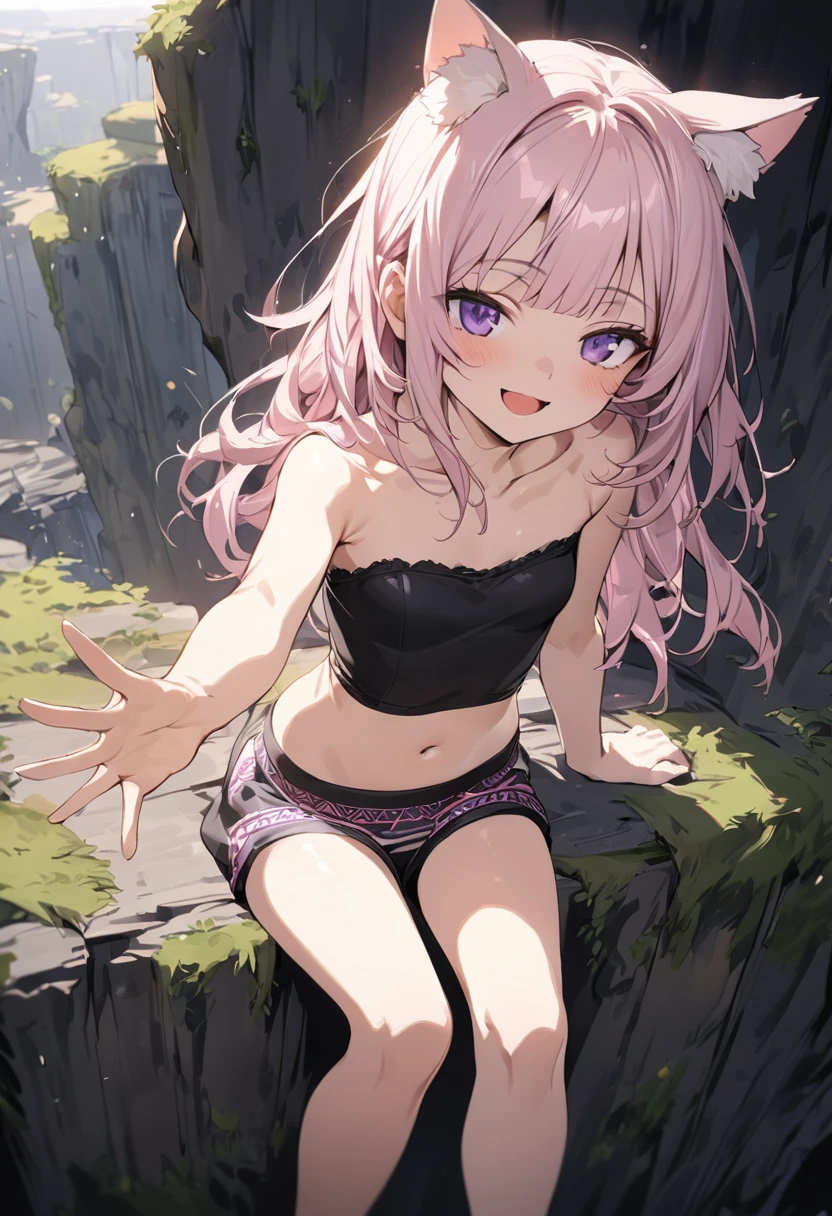 ((Masterpiece)), ((best quality)), (Anime:1.3), (super detail:1.2),(High Definition:1.3), (Professional Photography:1.2), (wide shot), (sharp focus), (perfect light), (()), ((1girl)), (morning), messy medium hair, Beautiful collarbone, ((Tribal black tubutop)), strapless, cute navel, cute boxer shorts, (Healthy slim body), (loose blunt bangs), Slender body, glossy skin, (naughty smile), open mouth, ((Beautiful purple eyes)), Textured skin, (Cat ears), (Pale pink hair), Cute Beautiful Girl, (slightly exposed medium breast), BREAK, ((best quality)), ((1girl)), Dynamic angles, ((reaching arm)), (sitting in the Mossy abandoned cliff), (sharp focus), (perfect light),