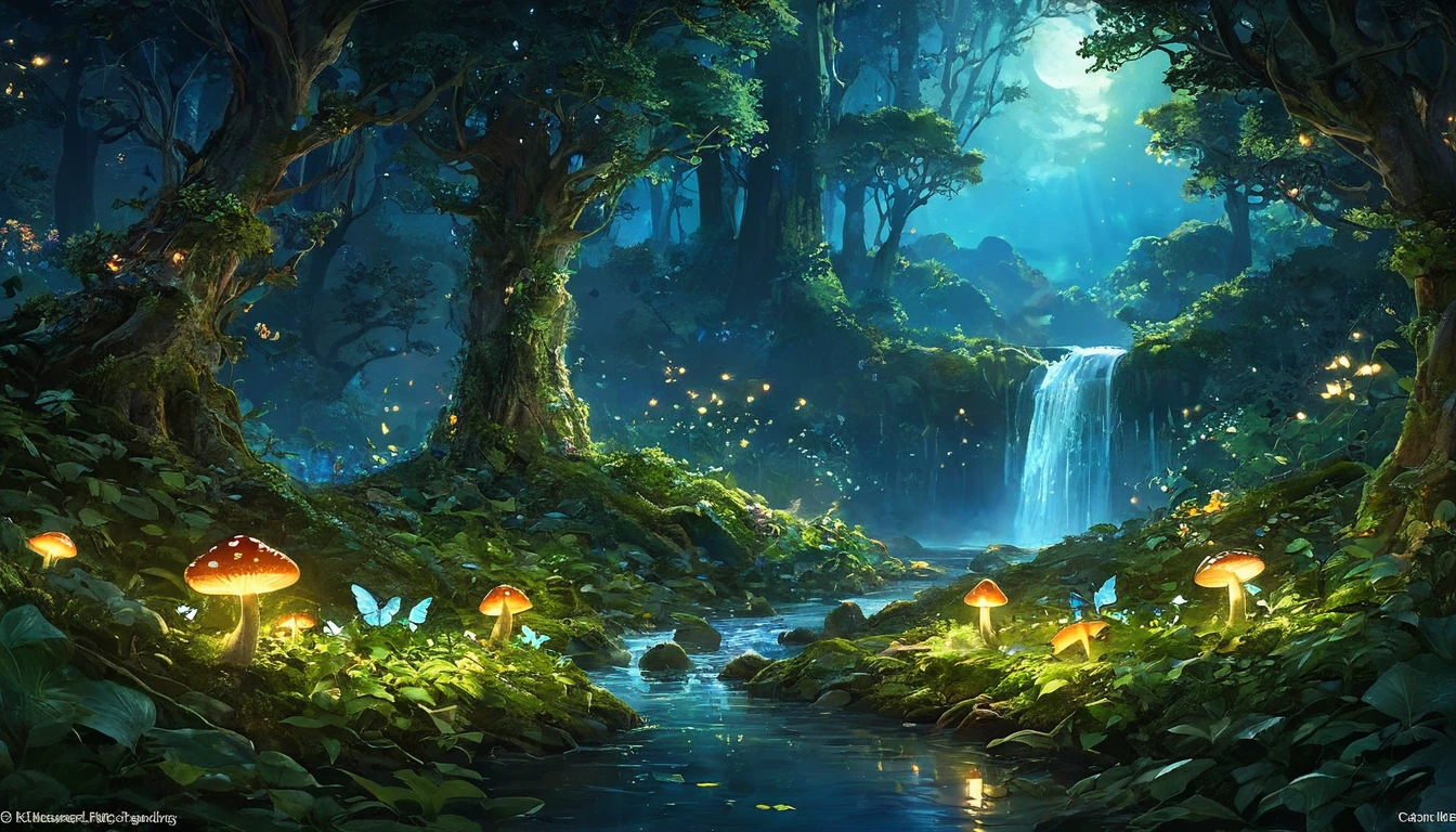 magical forest at night。Glowing mushrooms and fireflies illuminate the scene、古代のwood々are densely packed and covered with moss and ivy.。wood々The branches form a natural canopy.、The moonlight shines in as soft rays。A quiet river flows through the forest、Reflecting the stars in the night sky。You can hear the mystical sound of a waterfall in the distance.。Faintly glowing fairies fly about、It adds a touch of fantasy to the tranquil atmosphere.。The overall atmosphere is tranquil, mysterious and otherworldly.、Full of quiet surprises and charm。