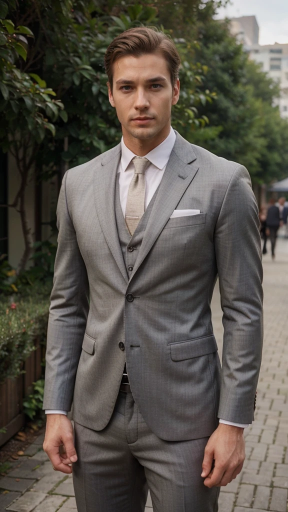 1man, suit, muscle, tall, realistic, handsome, handsome, realistic, Outdoors, blurred background, not looking at the camera, smooth face without hairface