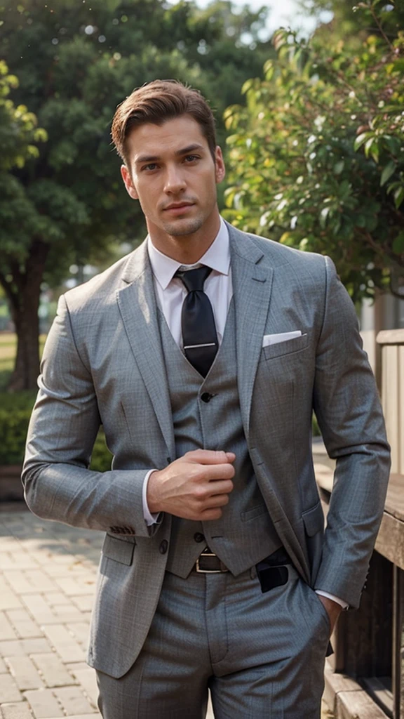 1man, suit, muscle, tall, realistic, handsome, handsome, realistic, Outdoors, blurred background, not looking at the camera, smooth face without hairface