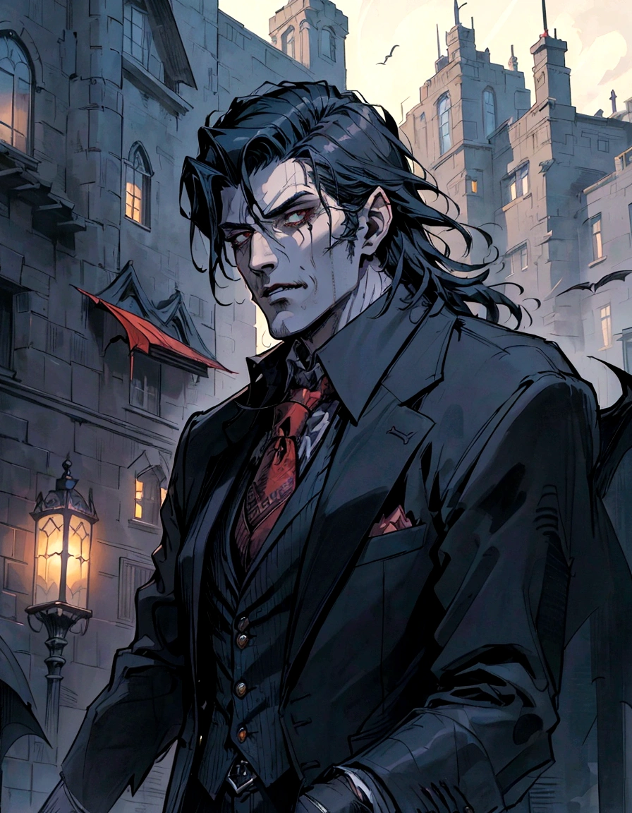 a close up of a man in a suit and tie standing in front of a building, style of raymond swanland, portrait of professor sinister, handsome male vampire, portrait of fin wildcloak, epic and classy portrait, male vampire, handsome guy in demon slayer art, a portrait of the character, corvo attano, portrait of adam jensen