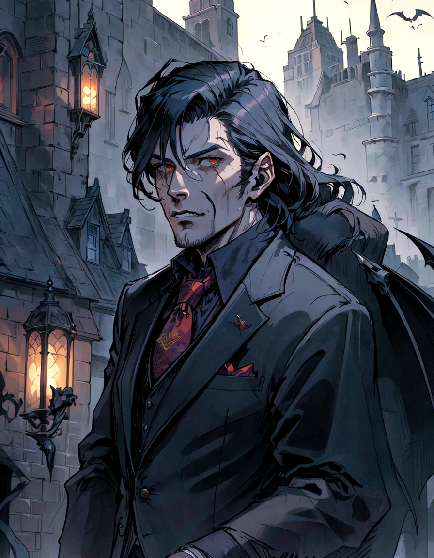 a close up of a man in a suit and tie standing in front of a building, style of raymond swanland, portrait of professor sinister, handsome male vampire, portrait of fin wildcloak, epic and classy portrait, male vampire, handsome guy in demon slayer art, a portrait of the character, corvo attano, portrait of adam jensen