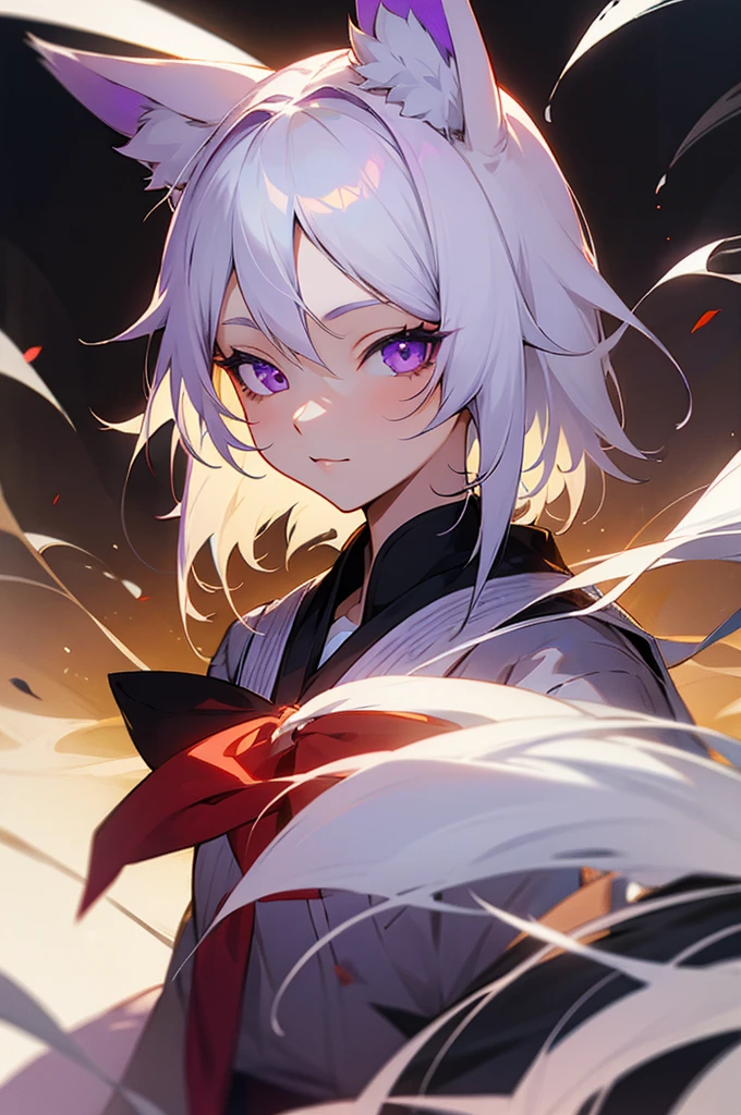 Female kitsune, Medium white hair, purple eyes, fox ears downcast, playful look, portrait, school clothes