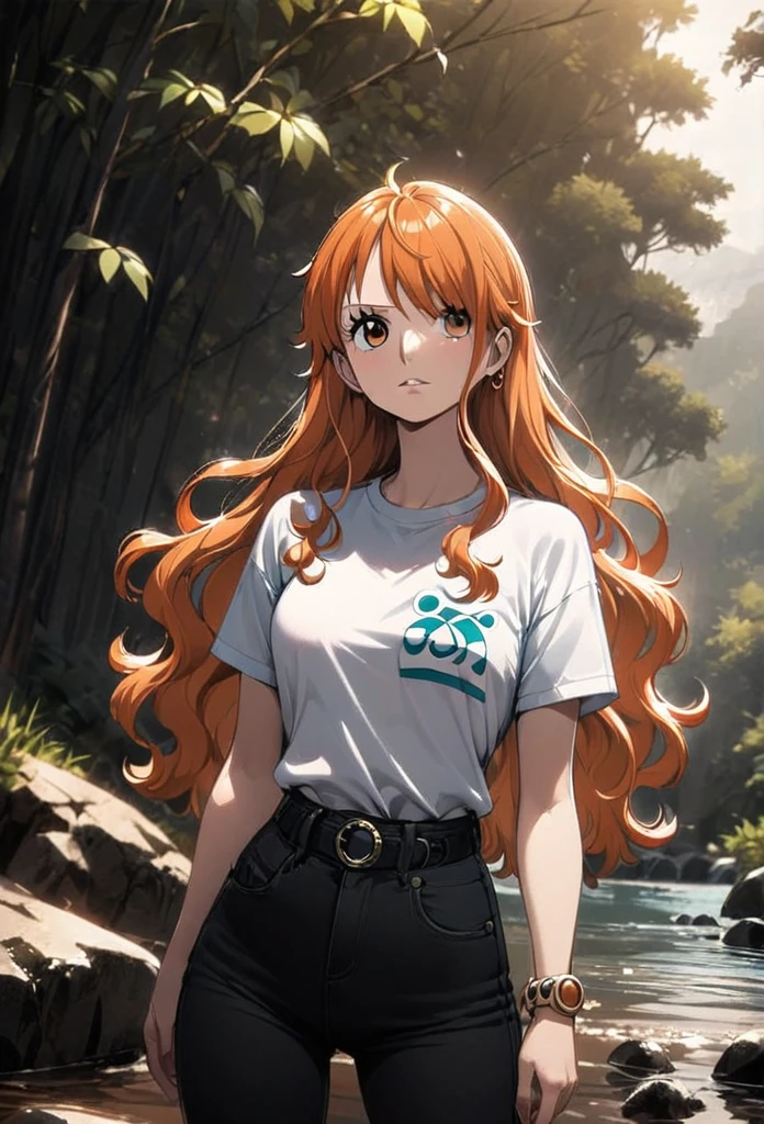 masterpiece, best quality), intricate details, 1 girl, woman, orange hair, nami \ (one piece\), (long hair), shirt, ((white shirt, black pant, black court)) female focus, nature, scenery, upper body, ((front view)) ((close up shot)) ((solo)) ((hair over one eyes)) detailed, very high resolution, no blurry image, full body, orange eyes, sligh wavy hair, ((nami from one piece)) ((female nami from one piece))((front view))