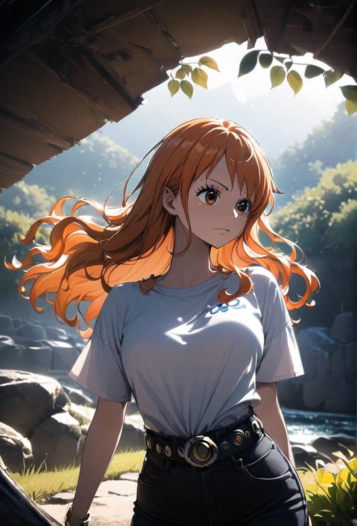 masterpiece, best quality), intricate details, 1 girl, woman, orange hair, nami \ (one piece\), (long hair), shirt, ((white shirt, black pant, black court)) female focus, nature, scenery, upper body, ((front view)) ((close up shot)) ((solo)) ((hair over one eyes)) detailed, very high resolution, no blurry image, full body, orange eyes, sligh wavy hair, ((nami from one piece)) ((female nami from one piece))((front view))