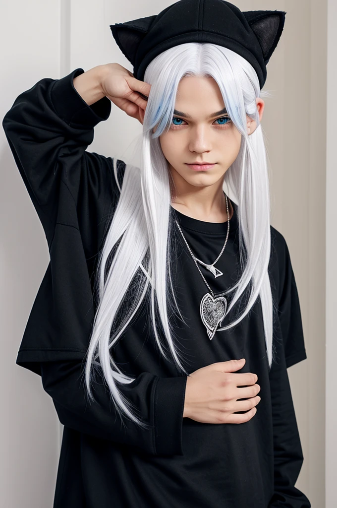 Anime boy long white hair fair skin and blue eyes