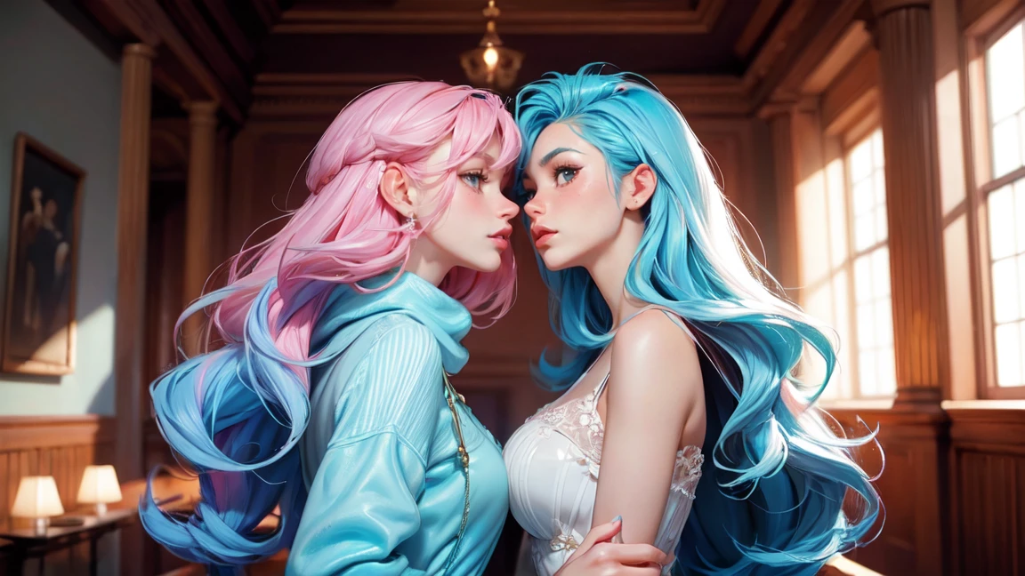 Best Quality, Masterpiece, Portrait, Perfect Anatomy, Femininity, Cool, Flawless, , Solo, Sexy, Stylish, Mature, Long Light pink Hair, Mole Above Lip, Red Lipstick, Big Breasts, Kissing Another Girl with Light blue hair,against the background of the room, in transparent dresses, add brightness