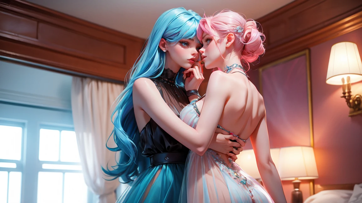 two girl kissing while they bound ,full body picture  in dungeon ,glamour, fashion photo, vogue magazine, beautiful, 18 years old, girl with messy  hair, skinny, medium breast, pure eyes, makeup, details, higly detailed, Fashion Magazine, , sunset, rim light, cinematic lighting, long pink shiny satin dress and tiara,long sleeves, ,, (clear left side of the body:1.2), hair over right eye, ((disheveled hair)), sexy pose,bound