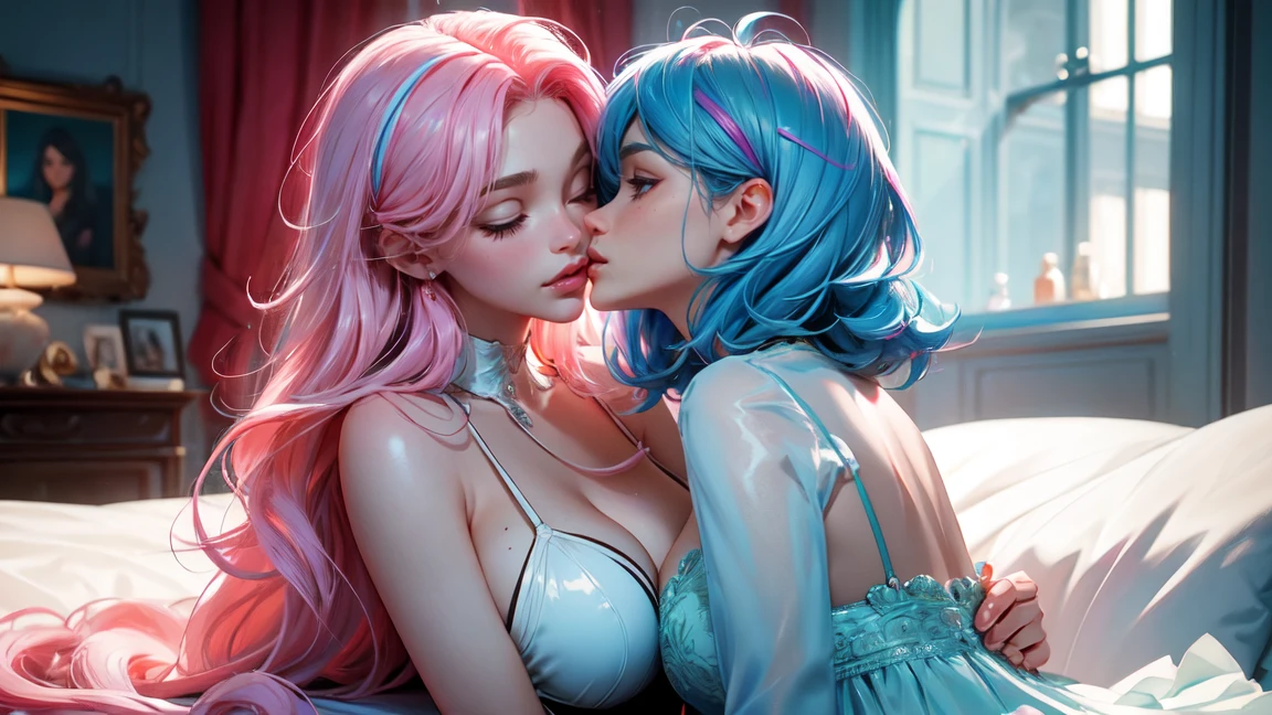 Best Quality, Masterpiece, Portrait, Perfect Anatomy, Femininity, Cool, Flawless, , Solo, Sexy, Stylish, Mature, Long Light pink Hair, Mole Above Lip, Red Lipstick, Big Breasts, Kissing Another Girl with Light blue hair,against the background of the room, in transparent dresses, add brightness