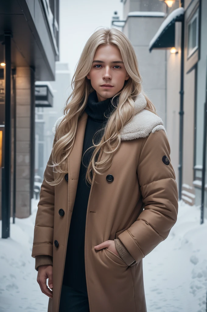 professional portrait photograph of a gorgeous Norwergian boy in winter clothing with long wavy blonde hair, sultry flirty look, gorgeous symmetrical face, cute natural makeup, wearing elegant warm winter fashion clothing, ((standing outside in snowy city street)), stunning modern urban environment, ultra realistic, concept art, elegant, highly detailed, intricate, sharp focus, depth of field, f/1. 8, 85mm, medium shot, mid shot, (((professionally color graded))), bright soft diffused light, (volumetric fog), trending on instagram, hdr 4k, 8k