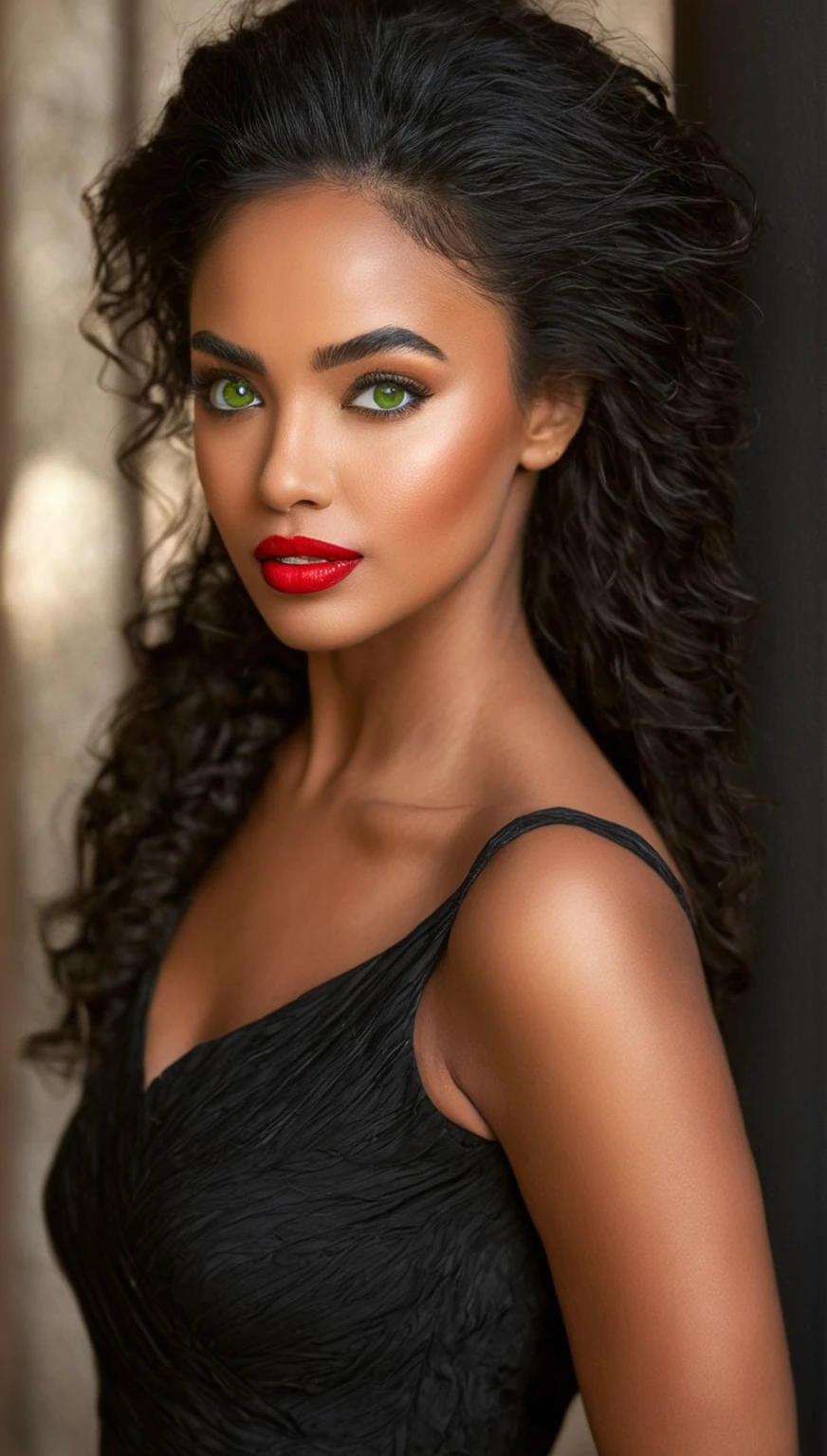 score_9,score_8_above,score_7_above,fine details in everything A beautiful woman, beautiful Latin face, young Brazilian Nyvi Estephan, Brazilian supermodel, serene and elegant beauty, Angolan descent, young adult 30 years old, nerdy woman, tall woman, a stunning black woman , with indigenous characteristics, beautiful indigenous girl, native Brazilian, ((An African indigenous girl with European ebony)), ((her beauty is undeniable)), beautiful young ebony girl with dark skin, tanned Mexican, black hair with brown highlights , curly black hair with brown highlights, voluminous black hair with brown highlights, vibrant and dynamic cut with soft waves can give a modern and stylish touch. Has an exotic beauty with beautiful green eyes, realistic green eyes, bright green eyes, ultra detailed green eyes, ultra realistic green eyes, natural green eyes, ultra detailed iris, perfect eyes, perfect iris, hyper realistic eyes, eyeliner, long eyelashes and defined, penetrating look that conveys confidence, striking, powerful expression, strong presence, striking makeup, vibrant red lipstick, full lips, voluminous lips, seductive lips, captivating, striking, unforgettable, dazzling and mischievous smile, wide smile, your features are captivating , subtle smile on your lips. Beautiful, detailed face, detailed skin texture, notice her perfectly shaped eyebrows that arch gracefully above her eyes, small nose that is proportionate to her face, and soft contour of her face that accentuates her high cheekbones. Beautiful, glowing skin, intricate details, smooth skin, healthy and radiant appearance.3D, 4k, high resolution, full sharpness photo realistic, breathtaking, Lentille nette, Photographie professionnelle, Objectif 70mm, Unreal Engine 5, wallpaper, colorful, art, (Hdr: 1.5), hyper-detailed, (ArtStation: 1.5), cinematic, warm lights, dramatic light, rich colors, (dark and brooding inner background, private study: 1.3), POV, Nikon D850, film photography , Kodak Portra 400, camera le