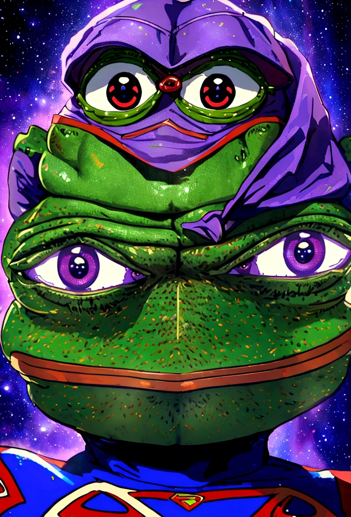 portrait of purple super hero pepe with purple skin,, wearing superman outfit with big H in middle , a starry night sky background, (((pepe_frog))),,detailed portrait, (best quality,8k,highres,masterpiece:1.2),ultra-detailed,digital painting,vibrant colors,dramatic lighting,fantasy,surreal, pepe the with purple skin, hedgehog with big mucles, hedgehog, supe hero, superman, pepe the frog, as super hero pepe_frog, high qulity (((PepeFrog)))