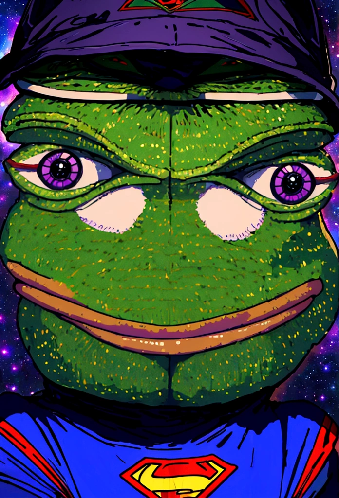 portrait of purple super hero pepe with purple skin,, wearing superman outfit with big H in middle , a starry night sky background, (((pepe_frog))),,detailed portrait, (best quality,8k,highres,masterpiece:1.2),ultra-detailed,digital painting,vibrant colors,dramatic lighting,fantasy,surreal, pepe the with purple skin, hedgehog with big mucles, hedgehog, supe hero, superman, pepe the frog, as super hero pepe_frog, high qulity (((PepeFrog)))