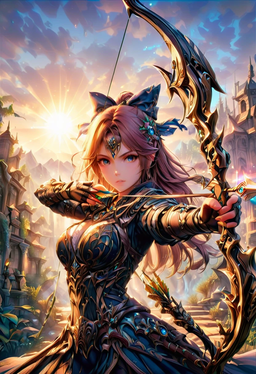 a watercolor illustration of a exquisite beautiful female archer, (silhouette artwork: 1.3), ready for action as the sun rises, fantasy art, ), sun rising behind the archer, ready to act,  ultra feminine, with a long curvy hair, dynamic bow, sting drawn to the cheek , arrow ready to be shot, (arrow tip glimmers: 1.1), sunrays, divine rays, high details, best quality, 16k, [ultra detailed], masterpiece, best quality, (extremely detailed), dynamic angle, Aiming a Bow, bow (weapon), Aiming a Bow