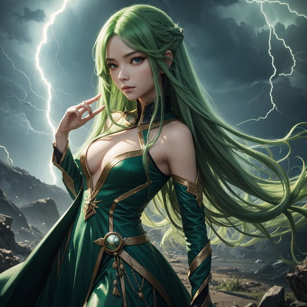 One Beautiful Woman、Woman with long green hair、Wizard、Right palm facing up、BRAEK、
A tornado is happening in the palm of your hand、A small tornado in the palm of your hand、BRAEK、
The background is a storm