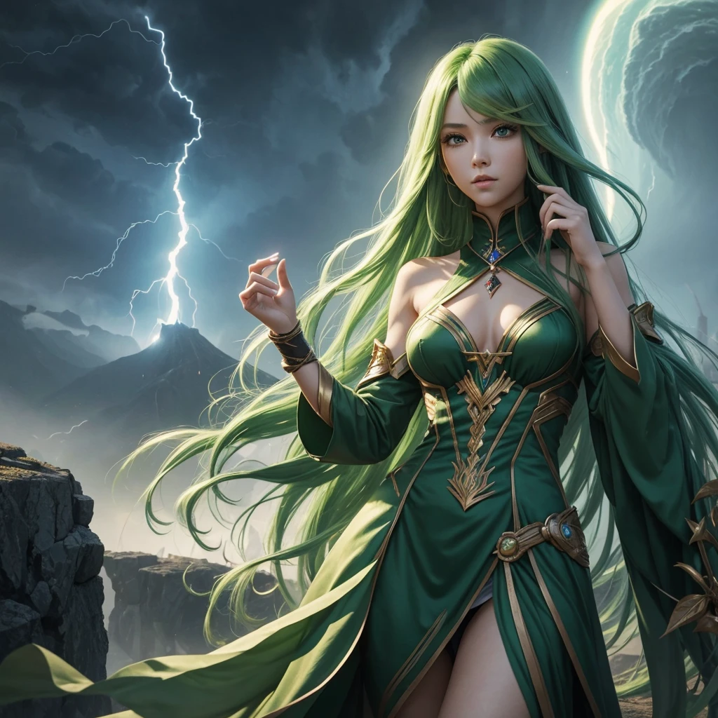 One Beautiful Woman、Woman with long green hair、Wizard、Right palm facing up、BRAEK、
A tornado is happening in the palm of your hand、A small tornado in the palm of your hand、BRAEK、
The background is a storm