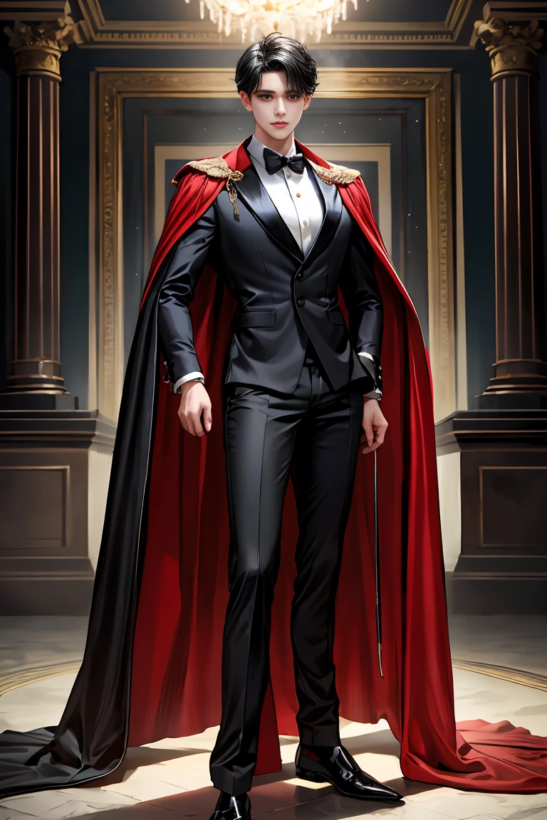 masterpiece, 最high quality, high quality, 1 boy, alone, Male focus, Watching the audience, Messy black hair, Adorable big blue eyes, White people, Noble, Noble,Sexy voluminous black and red cape、Tuxedo、A very voluminous, large, very large, very large, long, long red and black cape with a high stand-up collar, reaching down to the floor, made of a lot of fabric., 17 years old,Cute beautiful boys,Cute, cute, kind, handsome guy