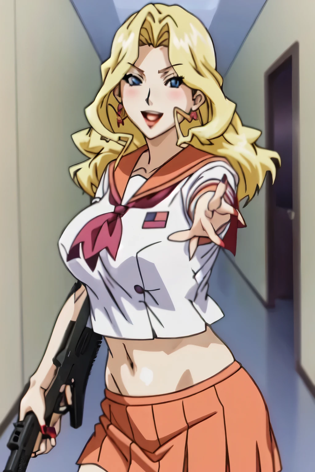 Dress_AliceNonoyama_ownwaifu,
1girl, blonde hair, long hair, blue eyes, lips, mature female, eyelashes, earrings, jewelry, red lips, nail polish, lipstick, makeup, large breasts, breasts,
blush, lipstick, masterpiece, best quality, highly detailed, a anime girls in sailor uniforms with a gun posing for a picture,
evil smile, smile, open mouth,black_serafuku, ecchi anime style, anime girls ,
ecchi style, ecchi, shipgirls, digital anime art!!, high school girls, holding a gun, hold a gun, anime style 4
k, micro skirt, exposed belly, exposed navel, exposed midriff,
exposed lower belly,school, classroom,