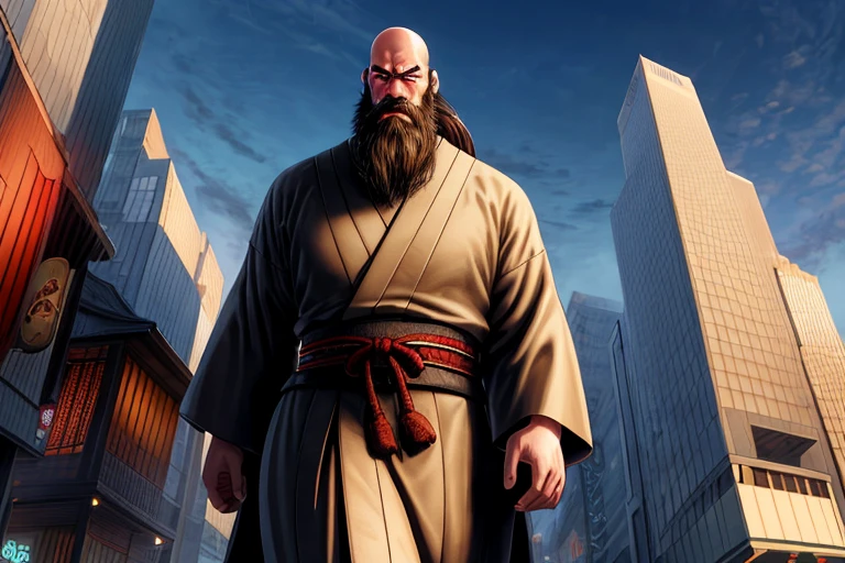 High resolution,high quality,skyscraper,Buildings,Japanese Yokai,Dainyudo,10 meters tall,Main Street,walk,Japanese clothing,Severed Head,Bald Head,Dark beard,Beard,Thick eyebrows,Looking at the ground,Looking Down,Wide-eyed,Mouth open,Angry