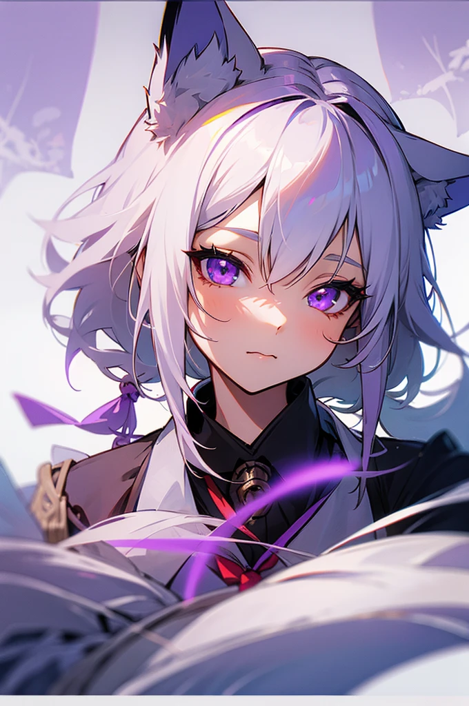 Female kitsune, Medium white hair, purple eyes, fox ears downcast, portrait, school clothes