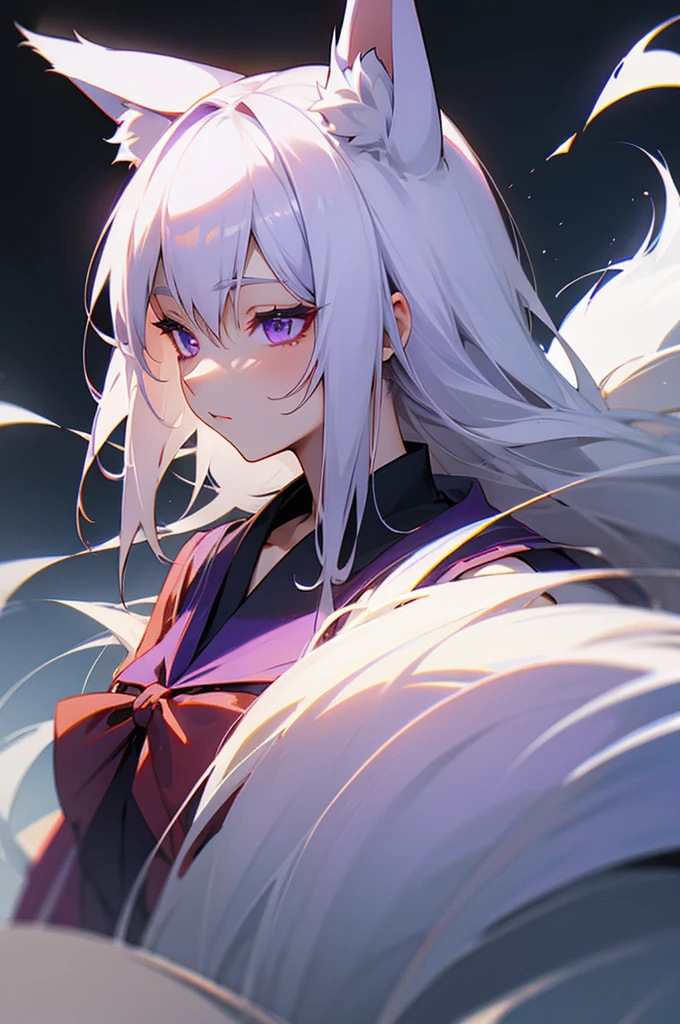 hd, illustration, masterpiece, (dark fox girl), ((dark fox nine tails)), (made bandage panties), (dark fox nine tails background), (scary smirk), long sleeved, ((fearful shrine background)), ((wearing black shrine maiden clothes)), ((best quality)), , gradient white hair,(purple edge gradient hair), (long hair), (black fox), (gradient red eyes), (slit pupils), (perfect anatomy), detailed clothing, empy eyes,solid eyes, colored sclera,