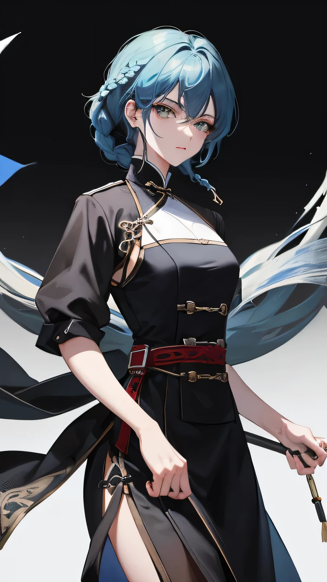 Masterpiece, Best quality, 1 Female, Mature Woman, Elder Sister, Royal Sister, Cold Face, strong, green eyes, wolfcut short hair, smoky mix blue color hair, resolute eyes, simple black Taoist Taoist uniform, black accessories, Chinese mix morden, frontal photo, blank background, remove background, A strand of hair is braided into a small braid