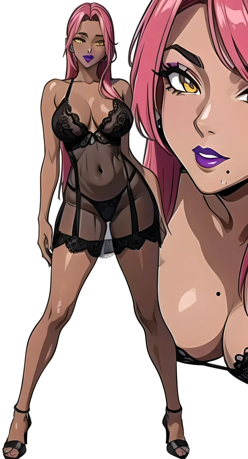 (masterpiece, highres, best quality:1.3), 8K, highly detailed, intricate, colorful, vibrant image, sharp focus, digital blending, 4K, trending on pixiv, Ingrid, (negligee), mature female, 40yo, milf, curvy, (dark skinned female:1.15), dark skin, looking at viewer, pink hair, very long hair, forehead, hair intakes, purple lipstick, makeup, mole under mouth, yellow eyes, perfect eyes, perfect face, ultra detailed hair, ultra detailed face, earrings, ultra detailed lips, large breasts, ultra detailed lipstick, full body