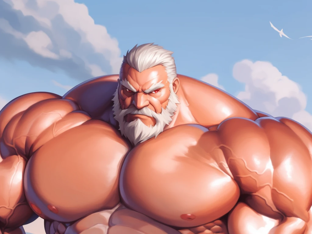 animestyle, solo, 1boy, perfect anatomy, perfect proportion. Huge Muscular Old man, mad, looking to viewer, red eyes, pectoral, thick arms, huge pectoral, wide pectoral, short white hair, red beard and hair, simple background, masterpiece, anime:1.2, high detailed, 8k, high resolution, perfect center, full view. ((really big muscle, massive muscular, sixpack, thick arms, wide pectoral, super huge muscle, hyper muscular, over sized muscle, huge arms, big arms, huge pectoral))