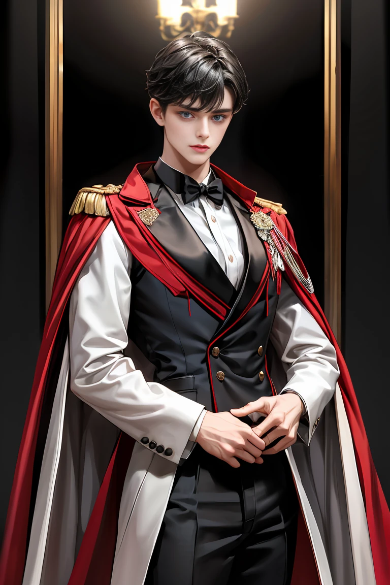 
masterpiece, 最high quality, high quality, 1 boy, alone, Male focus, Watching the audience,  Messy black hair, Adorable big blue eyes, White people, Noble, Noble,Sexy voluminous black and red cape、Tuxedo、A very voluminous, large, very large, very large, long, long red and black cape with a high stand-up collar, reaching down to the floor, made of a lot of fabric., 17 years old,Cute beautiful boys,Cute, cute, kind, handsome guy