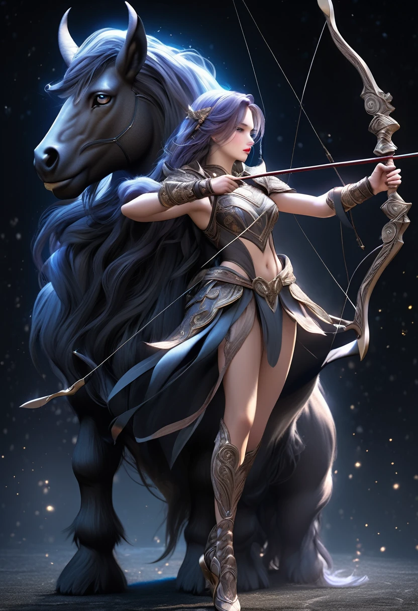 full-body view centaur archer, holding a bow, half-human half-beast archer, centaur girl, archer constellation, detailed fantasy character, beautiful intricate detailed bow, beautiful detailed eyes, beautiful detailed lips, extremely detailed face and features, intricate armor, glowing bow, dramatic lighting, cinematic composition, dark moody colors, dramatic shadows, high fantasy art,