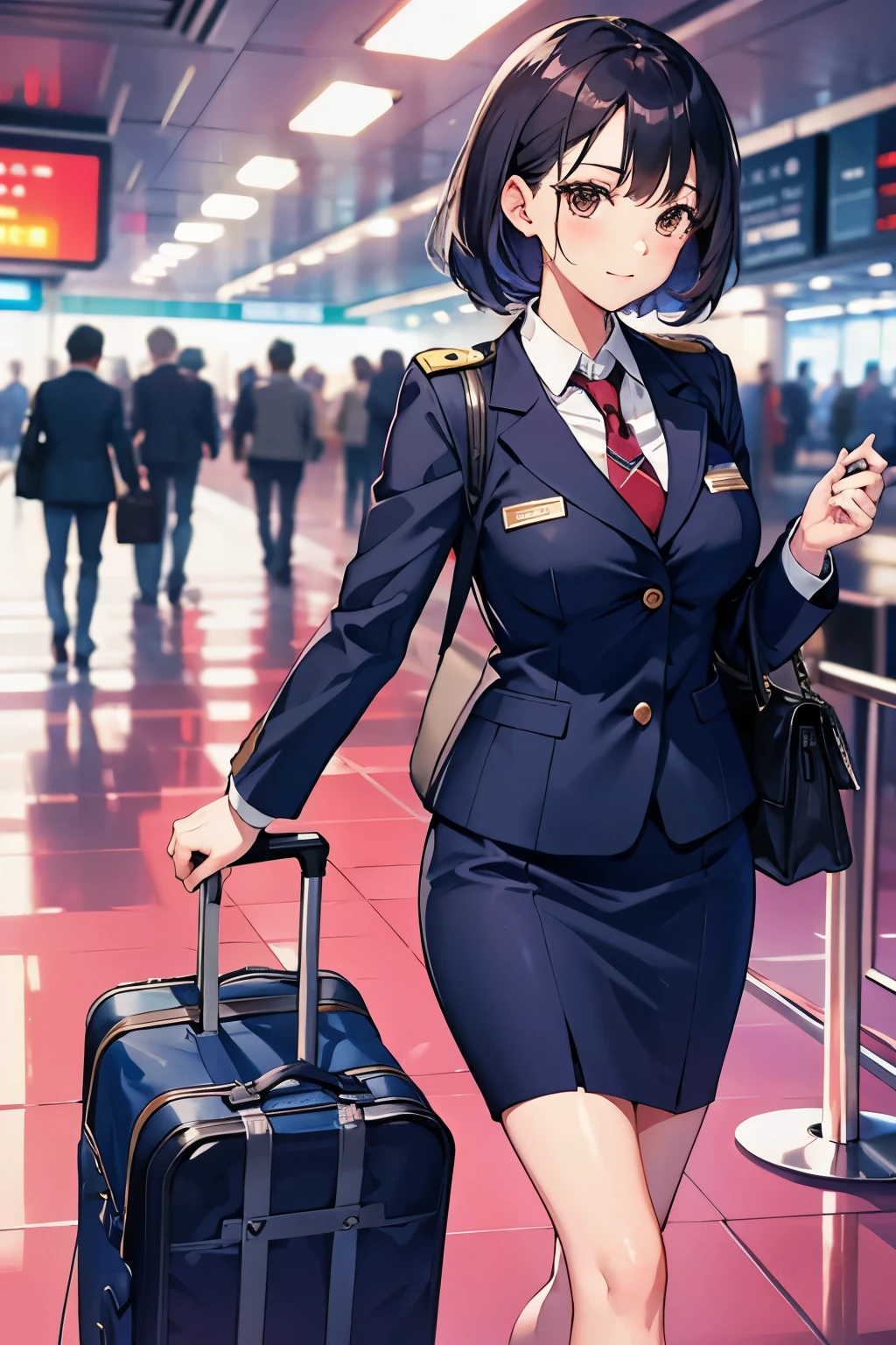 Flight attendant in uniform walking through the airport with suitcase and handbag、Perfect Style、Sexy