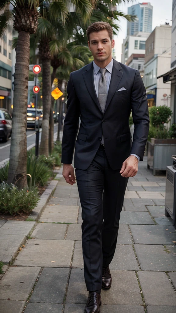 1man, suit, muscle, tall, realistic, handsome, handsome, realistic, Outdoors, blurred background, not looking at the camera, Unaware of the camera, walking