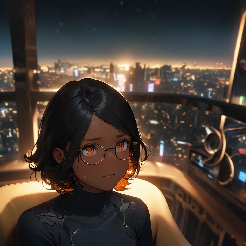 (detailed line art, water color shading, aesthetic art, light tone), (masterpiece, photo_real, official art, octane-render):1.33, 1 girl talking, (with 1_Japanese_male, dark tan skin):1.33, dark-skinned male, (Detailed brown eyes, glasses), (handsome face, with stubble):1.1, (Detailed black-hair, super very short hair, right flaring bangs:1.33), handsome_face, Rest on his chin, Shining sweat, bangs flowing to the right, (glows ultra-detailed, narrow brown eyes, gradient eyes, finely detailed beautiful eyes, symmetrical eyes, big highlight on eyes, narrow eyes,detailed, eyebrows, impatience, emphasis of facial expressions, (in charcoal_suit):1.21, back shot, whole_body_shot,
BREAK,
And another 1 woman sitting in an Agatha_Dreams_chair, (detailed brown eyes, jet-black semi-long hair,colored inner orange ombre hair multicolored hair, curly):1.33, looking out over a cityscape at night. The chair is designed in the style of Christophe Pillet, with a sleek and minimalist silhouette. The woman is wearing a chic evening dress, and the cityscape is bathed in warm, golden light. *agatha_dreams_chair*, *christophe_pillet*, *silhouette*, *minimalist*, *cityscape*, *night*, *evening_dress*, *golden_light*, black simple background, dim lighting, ray tracing, ray tracing, Faintly emerge from the darkness,