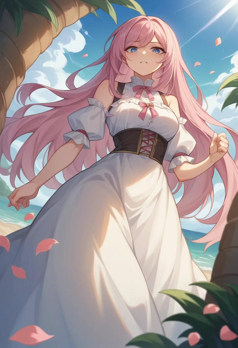 ((Highest quality)), ((masterpiece)), (detailed), ((Perfect Face)), Lilia, One Girl、Pink Hair、blue eyes、White dress with black lace、large pink ribbon on the chest、((whole body))、((Beach))、Fantastic、Mysterious、(Many petals flutter)、Artistic、Long skirt fluttering、Angle from below、