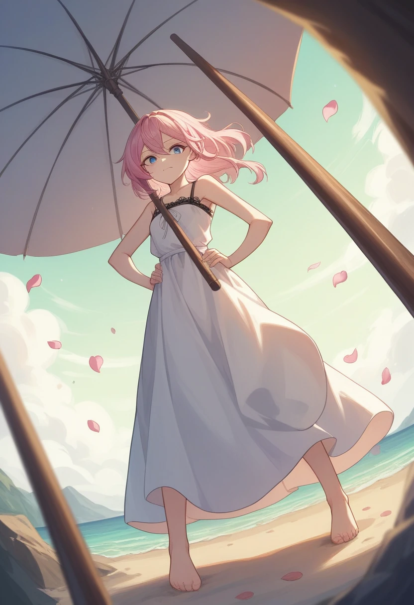 ((Highest quality)), ((masterpiece)), (detailed), ((Perfect Face)), Lilia, One Girl、Pink Hair、blue eyes、White dress with black lace、large pink ribbon on the chest、((whole body))、((Beach))、Fantastic、Mysterious、(Many petals flutter)、Artistic、Long skirt fluttering、Angle from below、