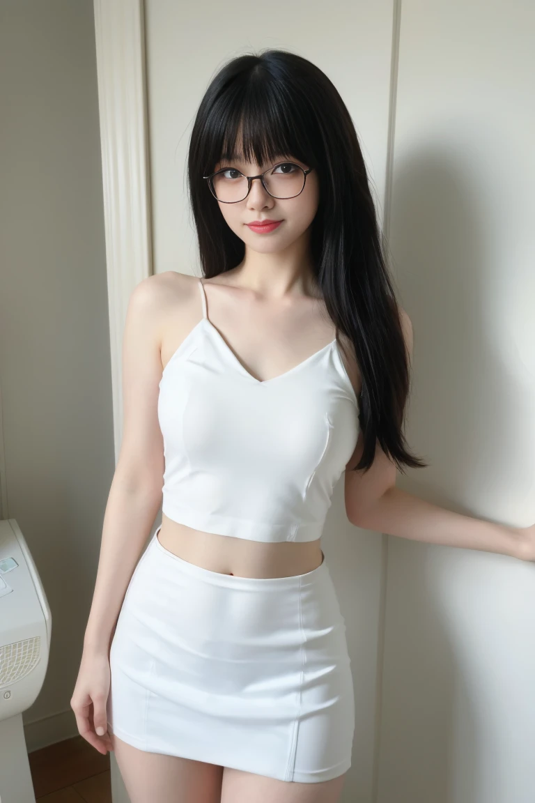  best quality, tmasterpiece,Ultra-high resolution,Clear face,（Reality：1.4），ferpect lighting，(upper body photo), (photorealistic:1.50), anime wallpaper, Guviz style artwork, cover-up fantasy up to magic , by Yang J, Guviz, beautiful artwork illustration, beautiful digital artwork, beautiful digital illustration, Li Song, beautiful anime portrait, art style in Beauvot, 1girl, Slim Belly Beauty: 1.3,(medium Breasts: 1.2), Dress: 1.1, Super Delicate Face, Delicate Eyes, Double Eyelids, Smile, Home, long hair, black hair, (Glasses), bangs, White shirt, Short skirt, Bare shoulders, (standing), upper body, smile, Inside the house, Glass, Selfie pose, 
