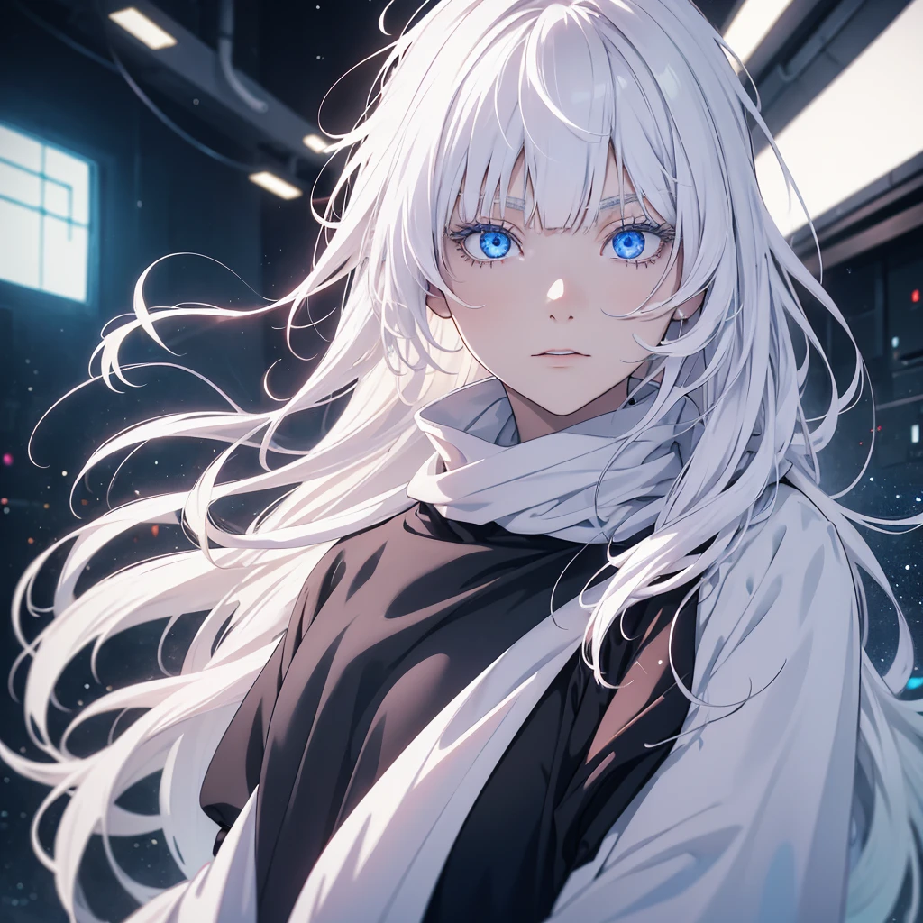 Woman, age 18, white hiar, hair bangs, wears round sunglasess, white eyebrows, white eyelash, white eyelashes, albino, detailed eyes, glowing eyes, galaxy eyes, wearing black shirt, high quality, 4k resolution, anime, ((straight hair))