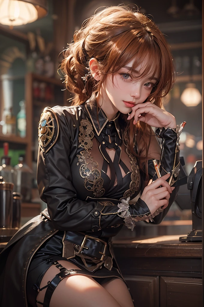 "Steampunk girl with a cat robot companion, poised in a candlelit room, eye contact with the viewer, captured in a wide-angle shot."