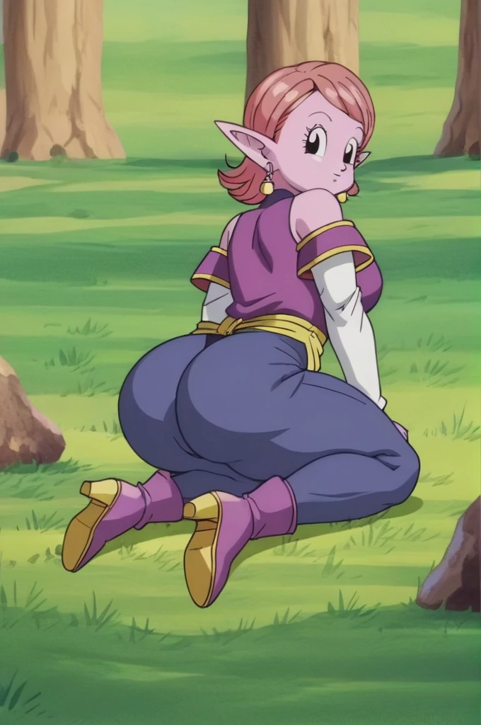 source_anime, score_9, score_8_up, score_7_up, anime screencap,8k, absurdres, 
chronoa, potara earrings, orange hair, pointy ears, black eyes, colored skin, purple skin, big ass, thick thighs, wide hips, big breasts, showing plump pussy and anus, large anus, sweaty butt, 
bare shoulders, potara earrings, off shoulder, detached sleeves, white sleeves, purple tunic covering ass, skirt covering ass, sleeveless turtleneck leotard, kai tunic, no pants, high heel boots,
looking back, from behind, tree, grass, official style, sitting, shoe soles, 
 