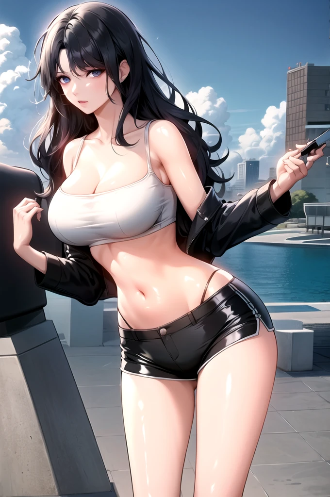 Black hair,blue eyes,(high quality eyes),masterpiece, best quality, high quality, highres, outdoors, looking at viewer, midriff, navel, black latex pants, Jenny, tall female,huge breasts, tassel earrings,wavy hair,bra
